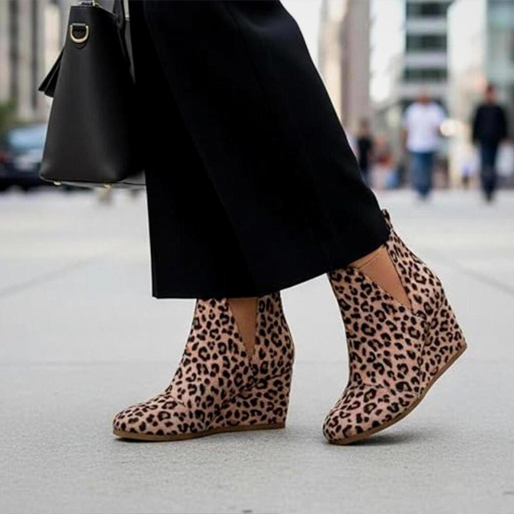 DUNES Womens (7) Zoey Leopard Wedge Bootie Soft Vegan Suede/ Easy Slip-On Design